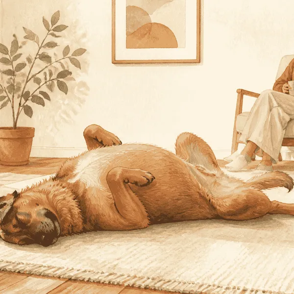 A relaxed brown dog sleeps on its back on a cream rug while a caregiver watches from a respectful distance.