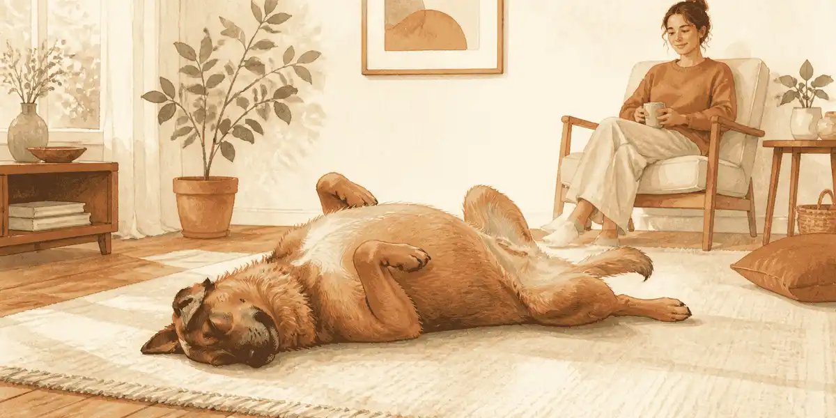 A relaxed brown dog sleeps on its back on a cream rug while a caregiver watches from a respectful distance.