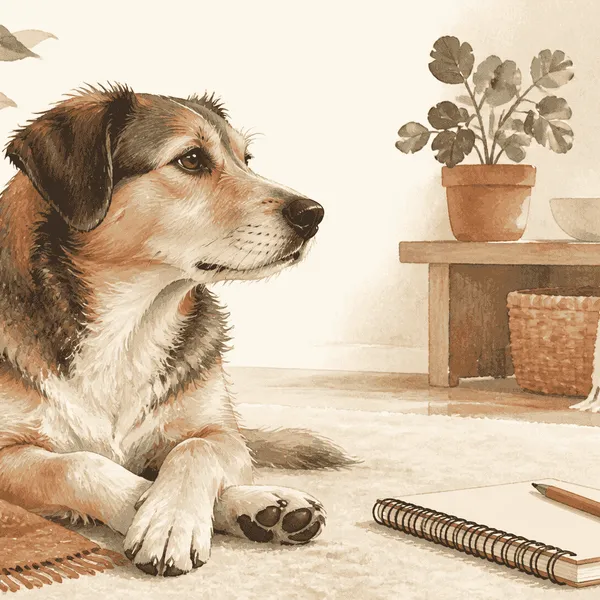 A calm mixed-breed dog rests beside a caregiver's notebook in warm morning light, with its nose visible in profile.