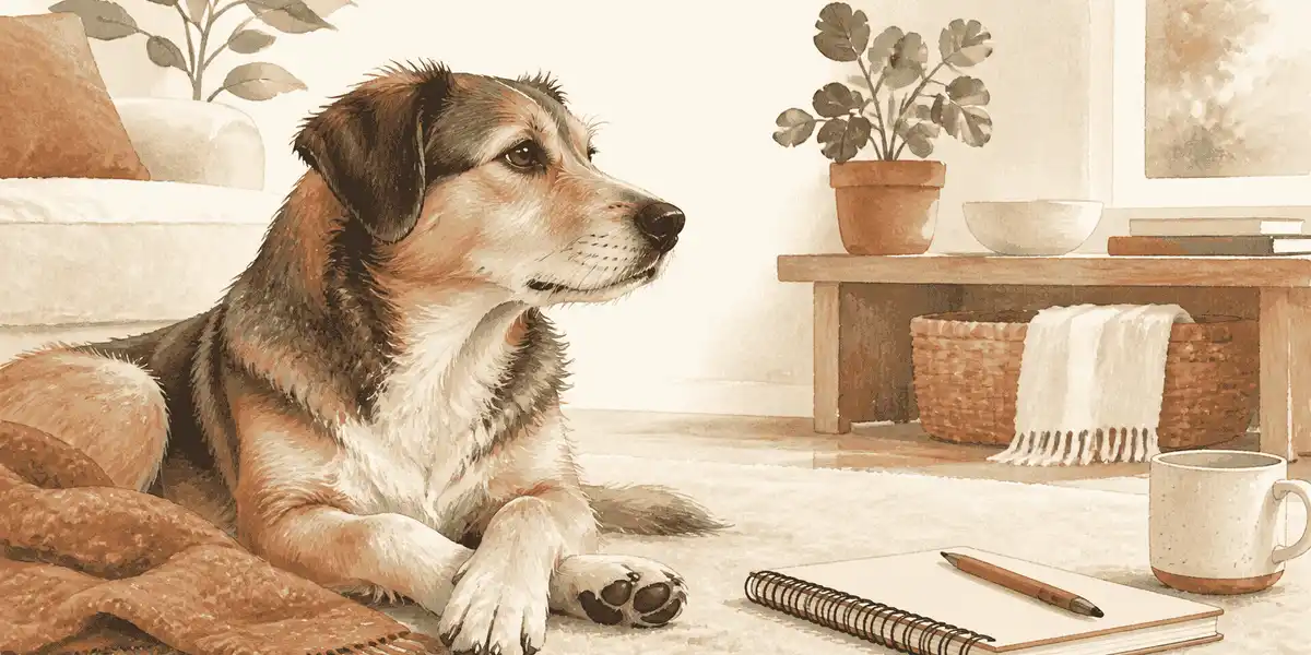 A calm mixed-breed dog rests beside a caregiver's notebook in warm morning light, with its nose visible in profile.