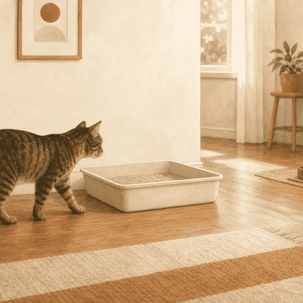A tabby cat approaches a clean open litter box in a warm room, with food and water set farther away.