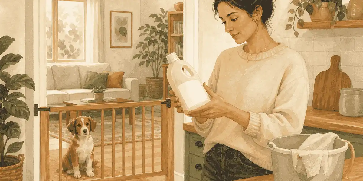 A young brown-and-white puppy waits behind a baby gate while a caregiver reads a cleaner label in a tidy kitchen.