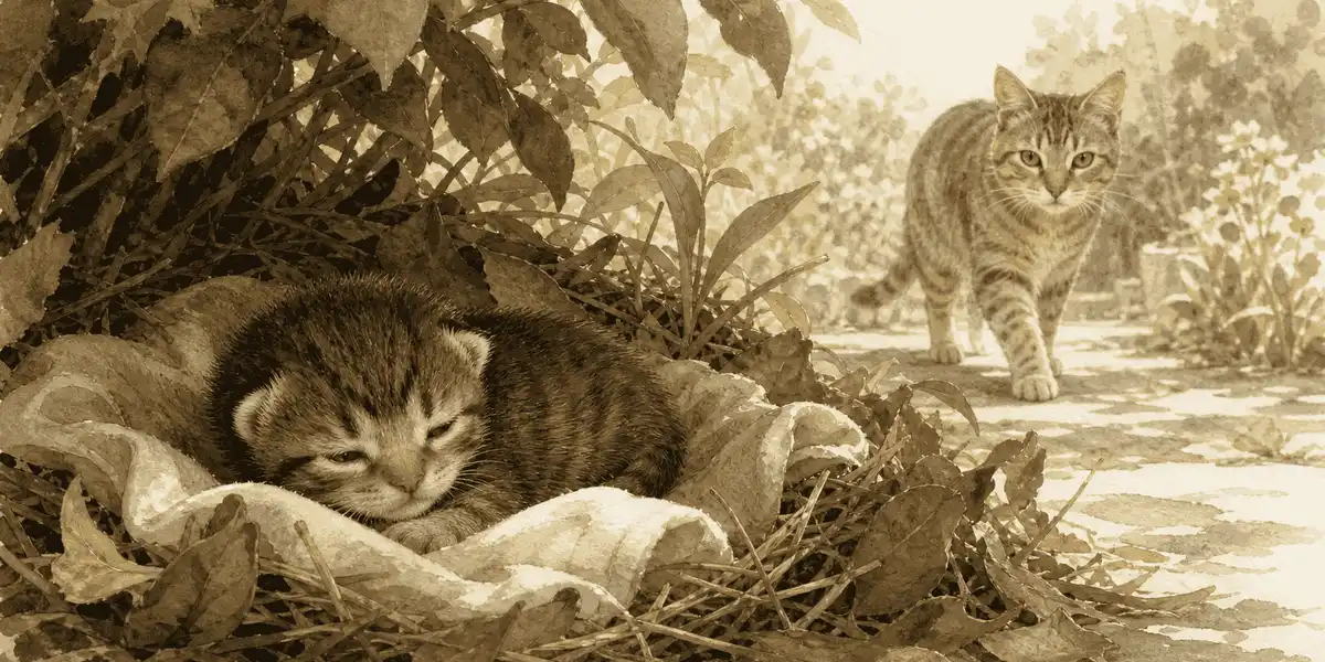 A tiny tabby kitten resting in a sheltered nest while an adult cat approaches from the background.