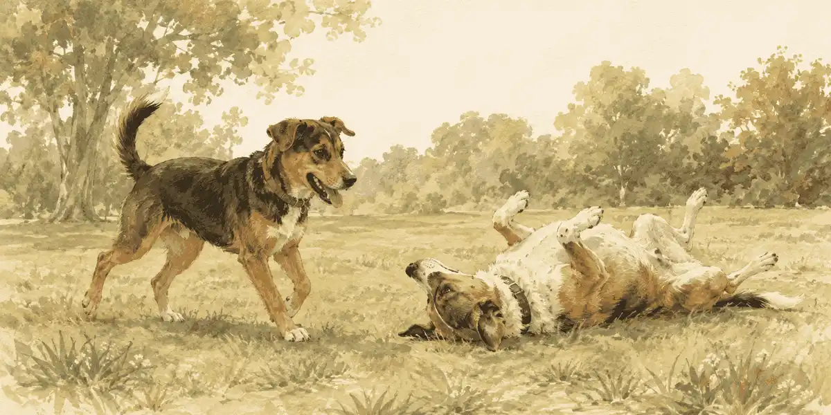 Two dogs pause in a grassy park after play while one turns on its back and the other stands loosely nearby.