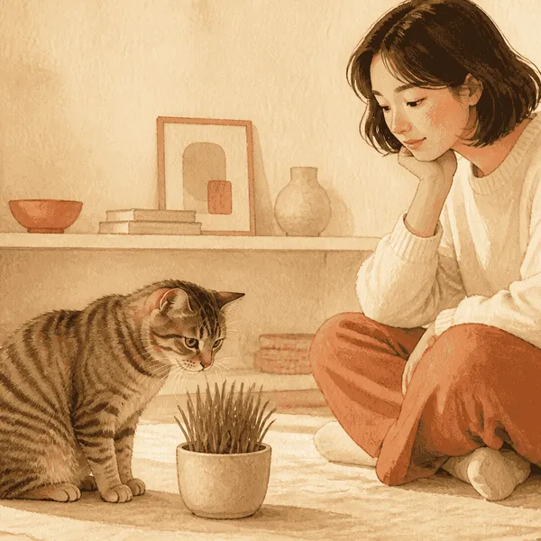 A tabby cat pauses beside a labeled pot of grass while a caregiver watches from nearby.
