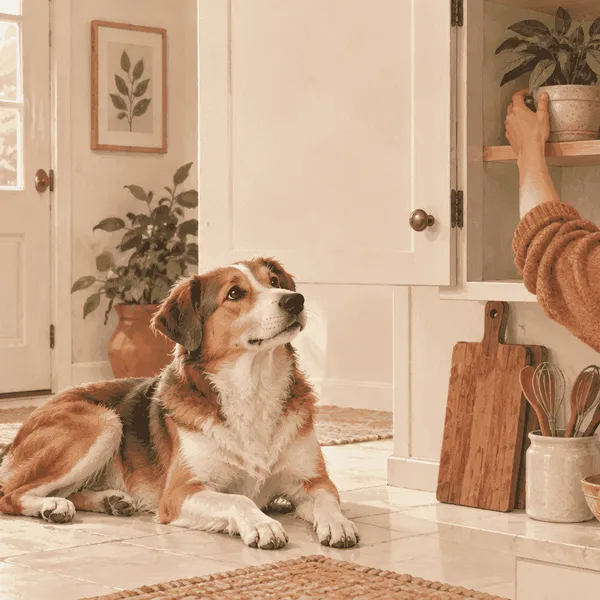 A caregiver keeps a labeled cinnamon plant, sealed spice jar, and small oil bottle out of a dog's reach.