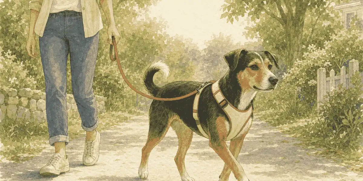 A mixed-breed dog walks beside a caregiver on a leafy path wearing a cream and terracotta harness.