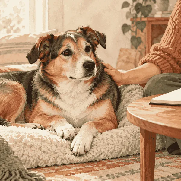 A calm spayed dog rests beside a caregiver's timeline while the caregiver prepares questions for a veterinarian.