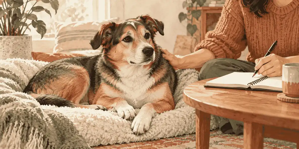 A calm spayed dog rests beside a caregiver's timeline while the caregiver prepares questions for a veterinarian.
