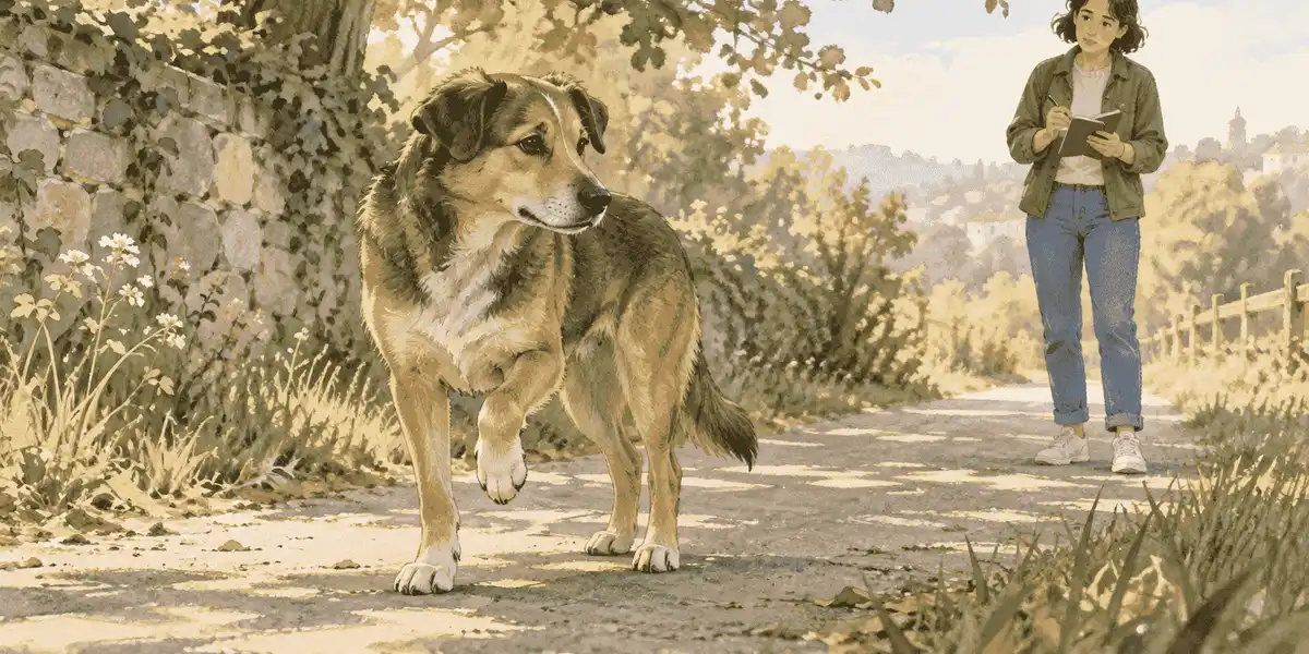 A mixed-breed dog pauses on a shaded path while a caregiver observes its paw without touching it.