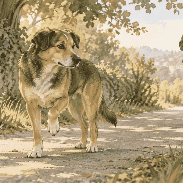 A mixed-breed dog pauses on a shaded path while a caregiver observes its paw without touching it.