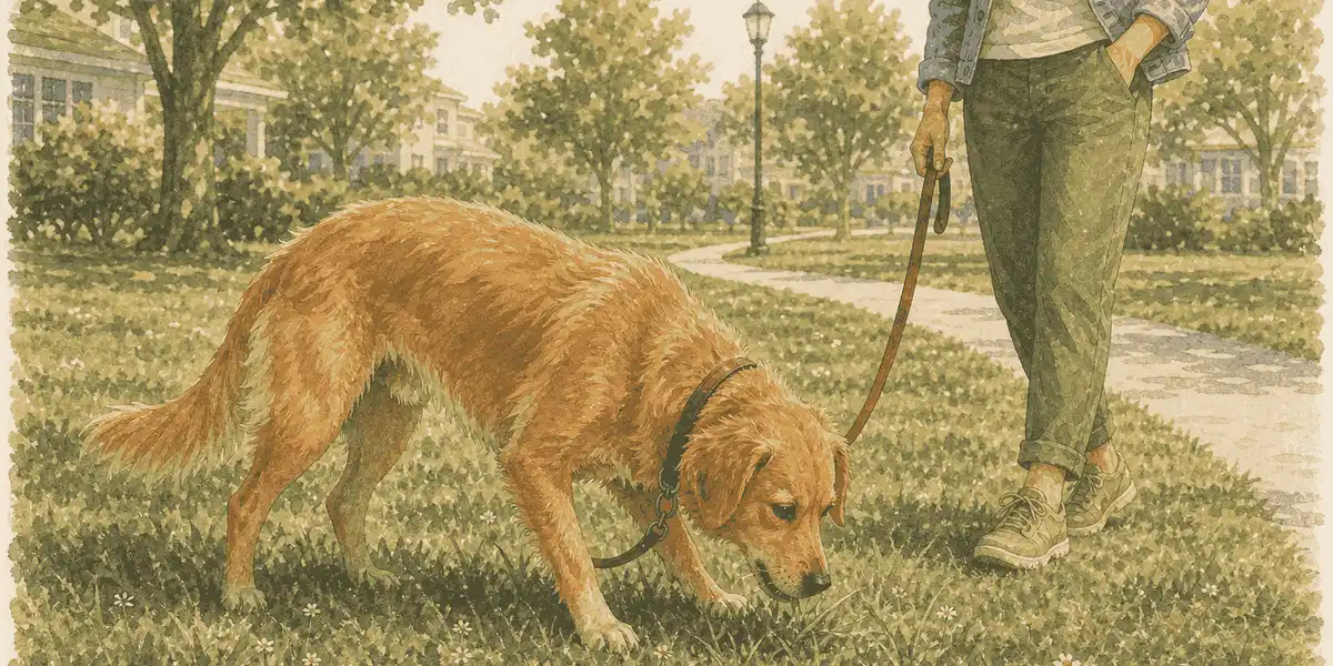Golden-brown dog sniffing and nibbling grass on a loose leash during a calm morning walk.