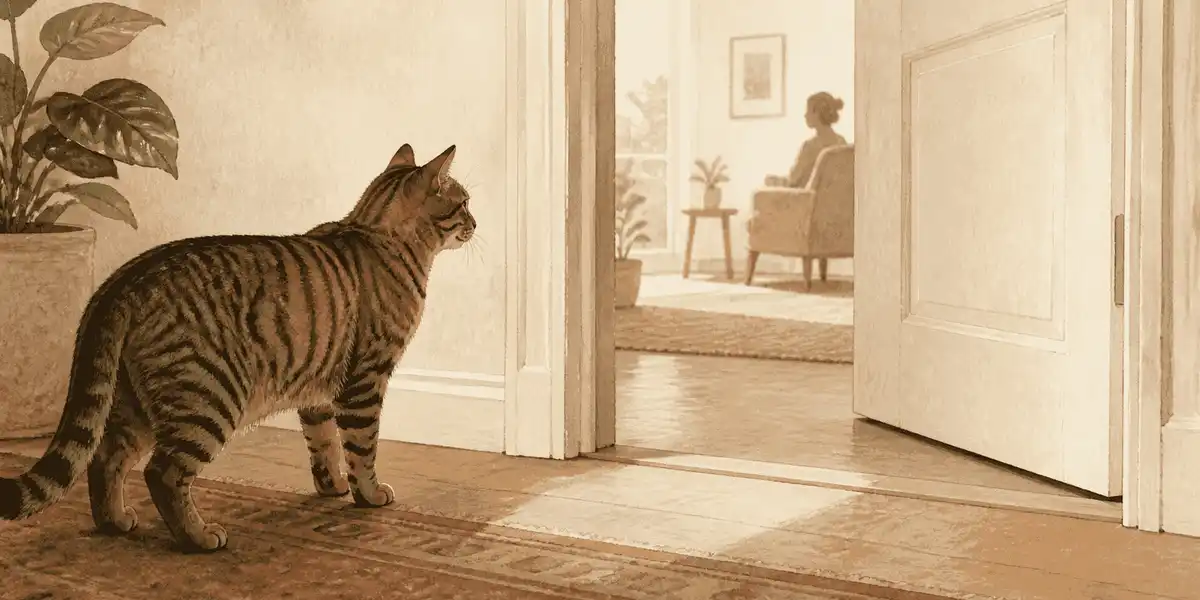 A tabby cat pauses beside a wide open doorway while a caregiver watches quietly from a few steps away.
