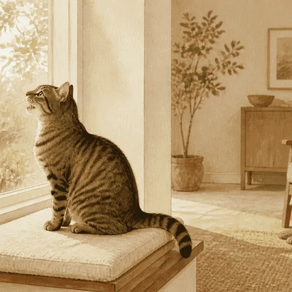 A tabby cat watches a small bird outside a sunlit window while a caregiver observes from a respectful distance.