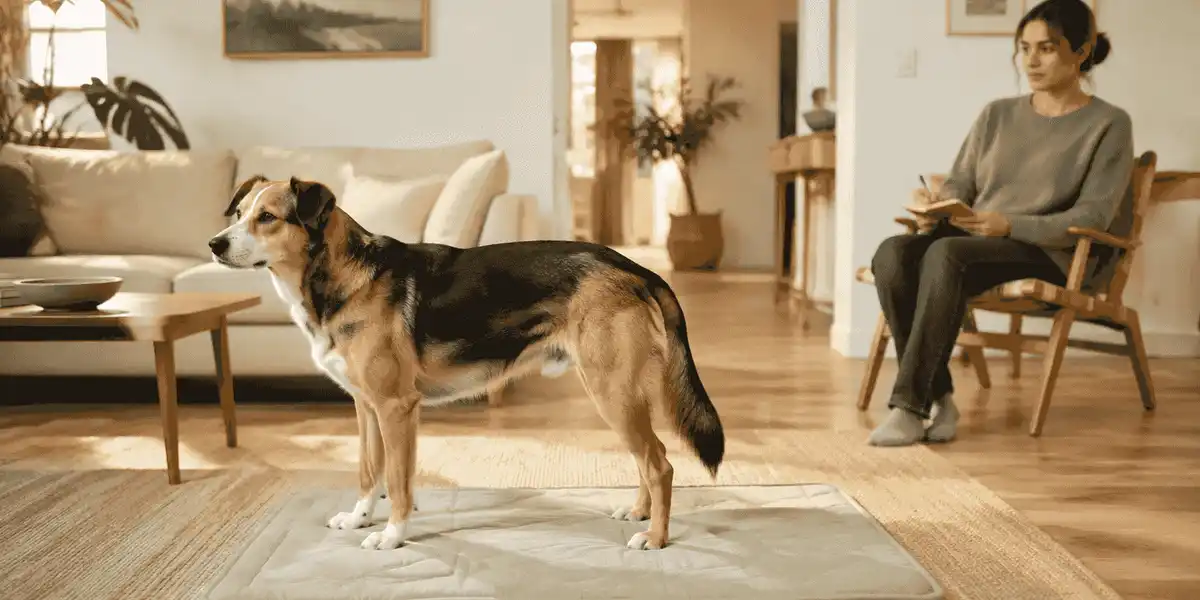 A calm mixed-breed dog stands on a washable mat while a caregiver observes from a respectful distance.