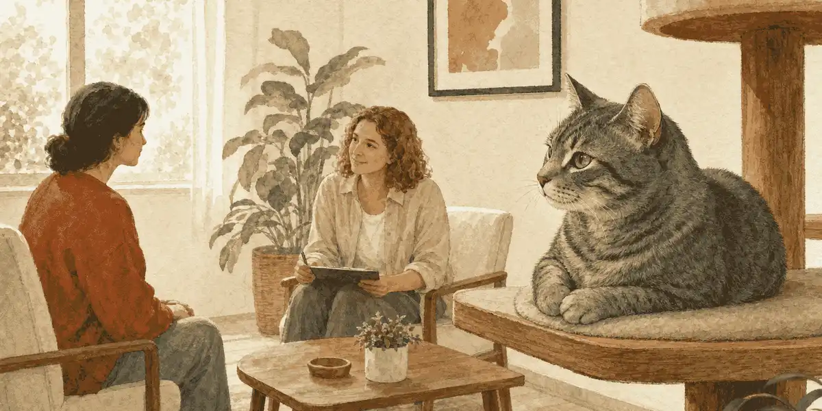 A prospective adopter sits with a shelter caregiver while an adult gray tabby watches from a nearby perch.