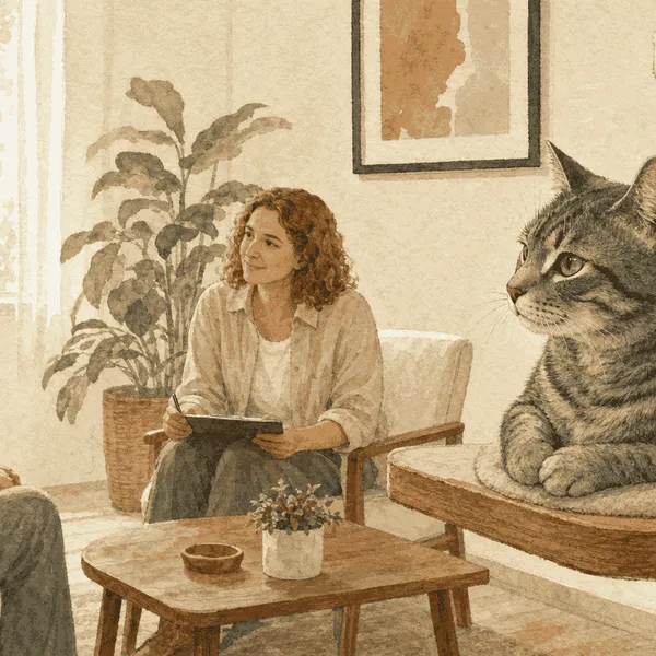 A prospective adopter sits with a shelter caregiver while an adult gray tabby watches from a nearby perch.