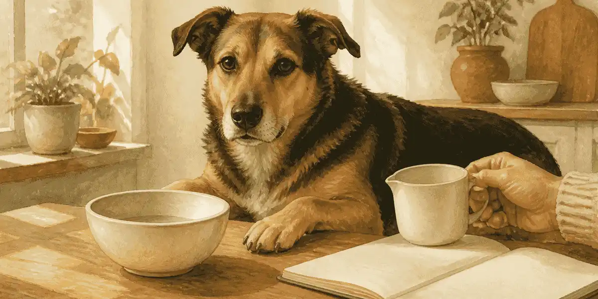 An adult mixed-breed dog rests beside an unbranded food bowl while a caregiver checks a feeding guide and notebook.