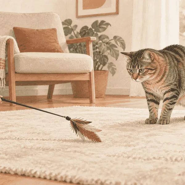 A tabby cat pauses beside a feather wand while a caregiver observes from a respectful distance in a warm living room.