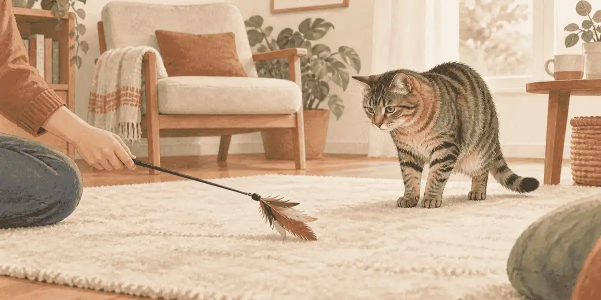 A tabby cat pauses beside a feather wand while a caregiver observes from a respectful distance in a warm living room.