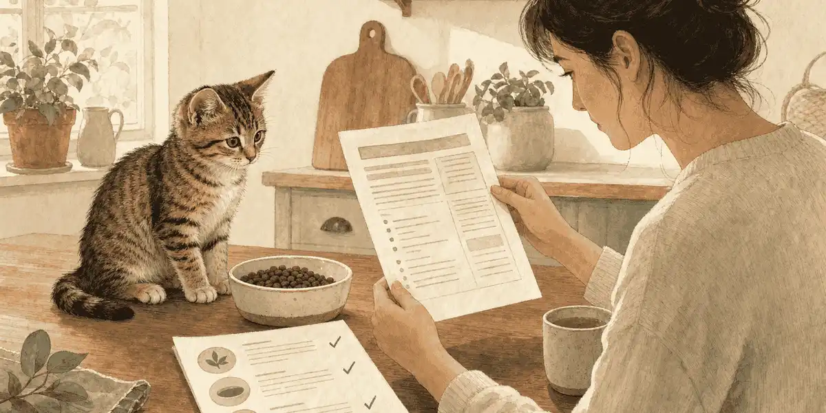 A tabby kitten watches a caregiver compare an unbranded food label with a short nutrition checklist.