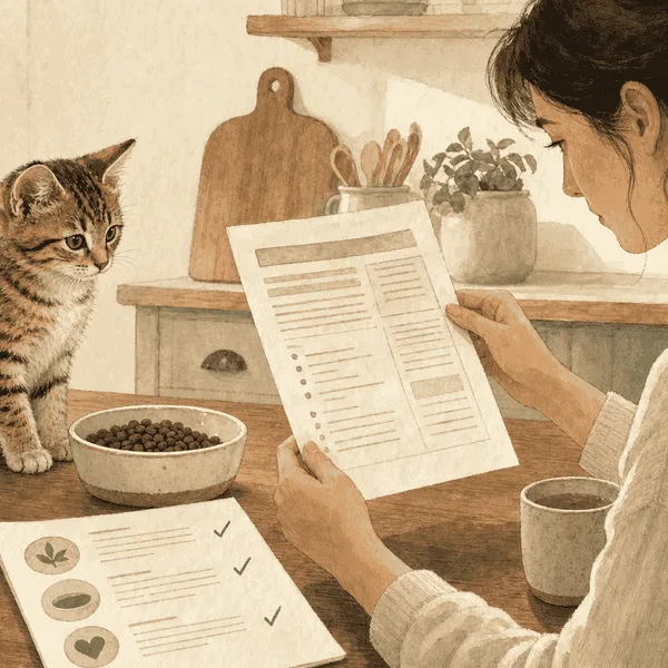 A tabby kitten watches a caregiver compare an unbranded food label with a short nutrition checklist.