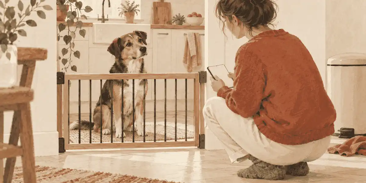 A caregiver records an observation while a calm mixed-breed dog waits behind a low gate in a tidy kitchen.