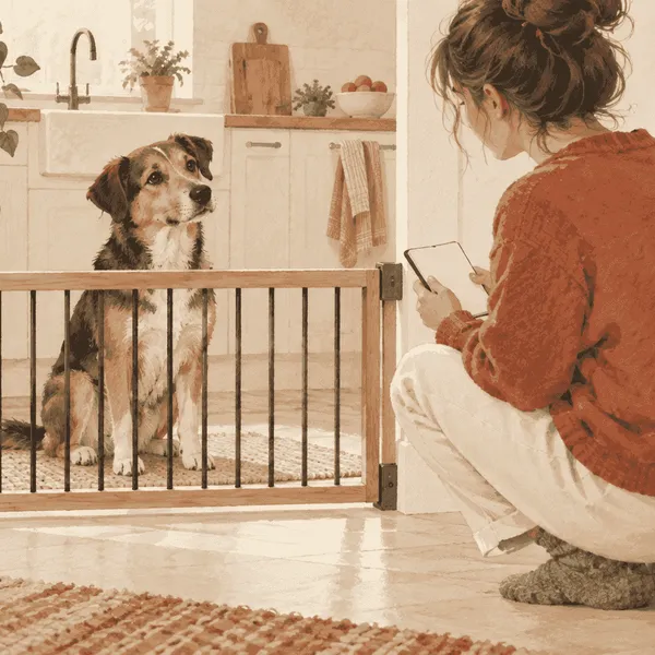 A caregiver records an observation while a calm mixed-breed dog waits behind a low gate in a tidy kitchen.