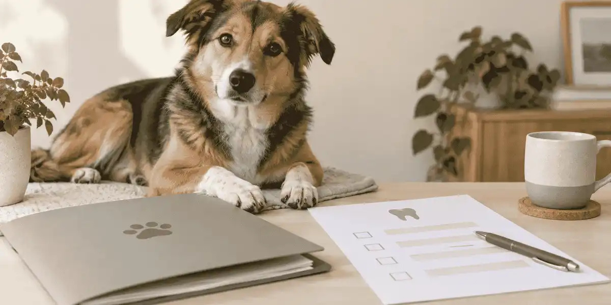 A dog owner compares an unbranded pet insurance policy with a dental-care question sheet while a calm dog rests nearby.