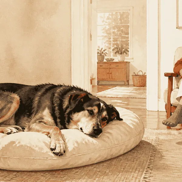 A relaxed mixed-breed dog rests on a cream bed while a caregiver watches from nearby.