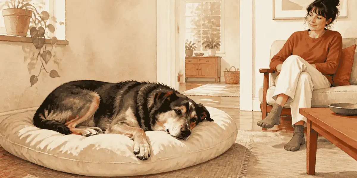 A relaxed mixed-breed dog rests on a cream bed while a caregiver watches from nearby.