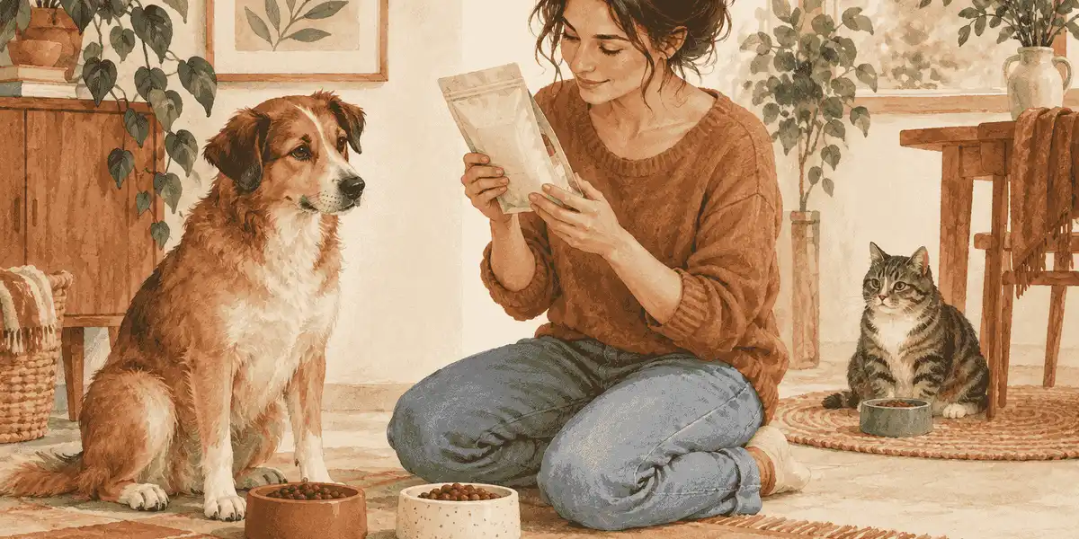 A mixed-breed dog waits beside two separate unbranded treat dishes while a caregiver checks a plain label.