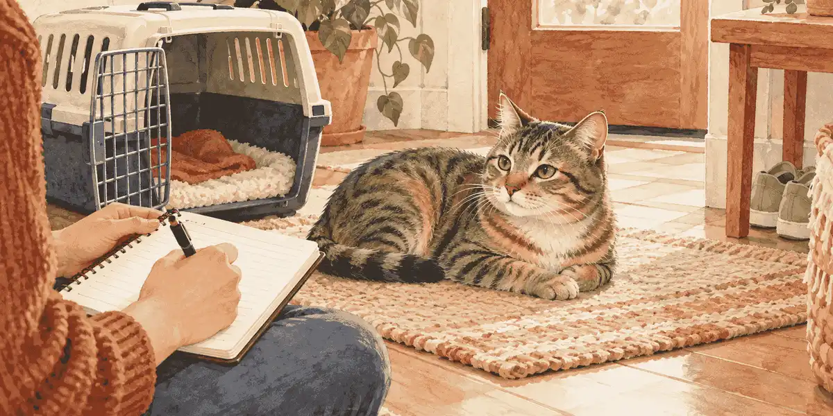 A calm tabby cat rests beside an open carrier while a caregiver writes a vaccination-day note.