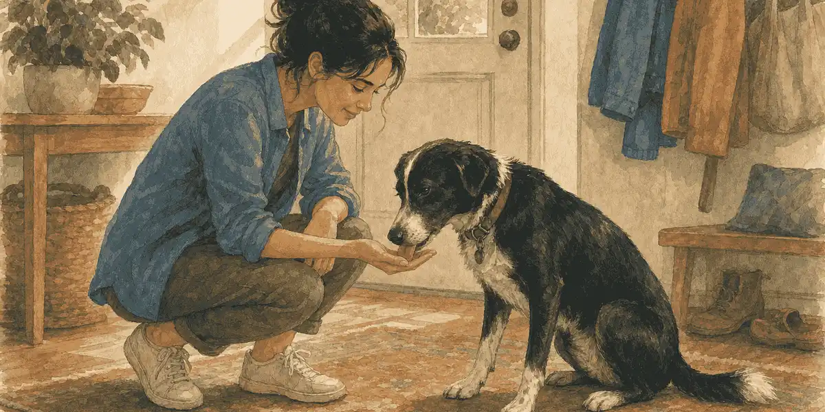 Black-and-white dog gently licking a crouching owner's open hand in a calm entryway.