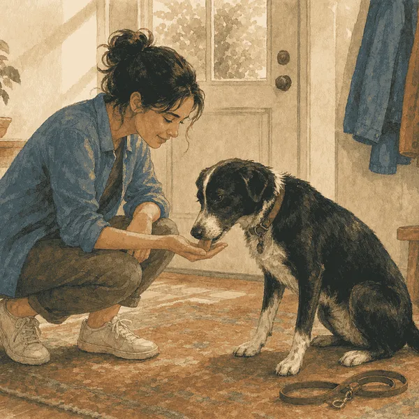 Black-and-white dog gently licking a crouching owner's open hand in a calm entryway.