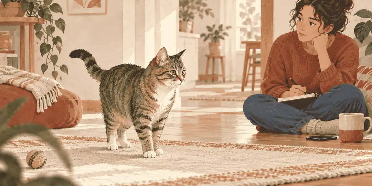 A tabby cat pauses on a soft mat while a caregiver observes from a respectful distance with a phone and notebook nearby.