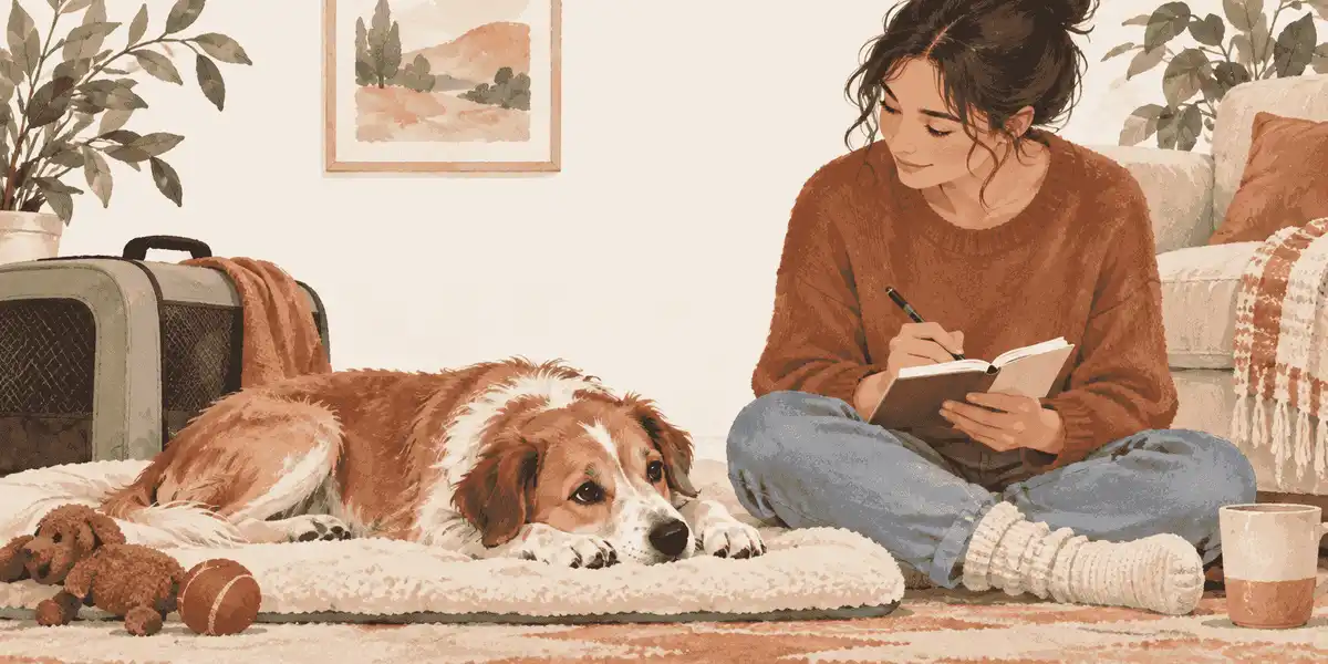 A calm dog rests on a cream mat while a caregiver writes notes after a veterinary visit.