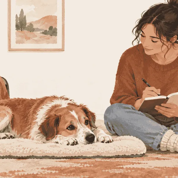 A calm dog rests on a cream mat while a caregiver writes notes after a veterinary visit.