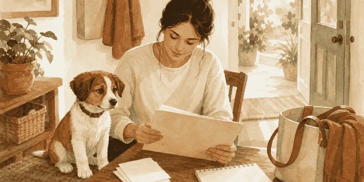 A brown-and-white puppy sits beside a caregiver organizing blank veterinary papers on a table near an open door.
