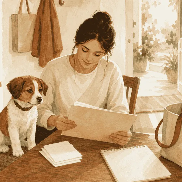A brown-and-white puppy sits beside a caregiver organizing blank veterinary papers on a table near an open door.