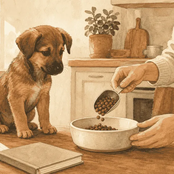 A brown puppy watches a caregiver measure food beside an unbranded feeding guide and growth notebook.