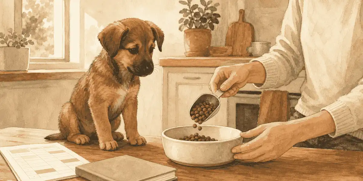A brown puppy watches a caregiver measure food beside an unbranded feeding guide and growth notebook.