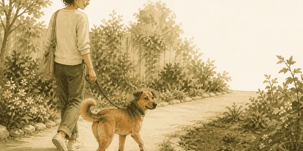 A caregiver calmly redirects a young brown dog from a patch of garden soil toward a clear path.