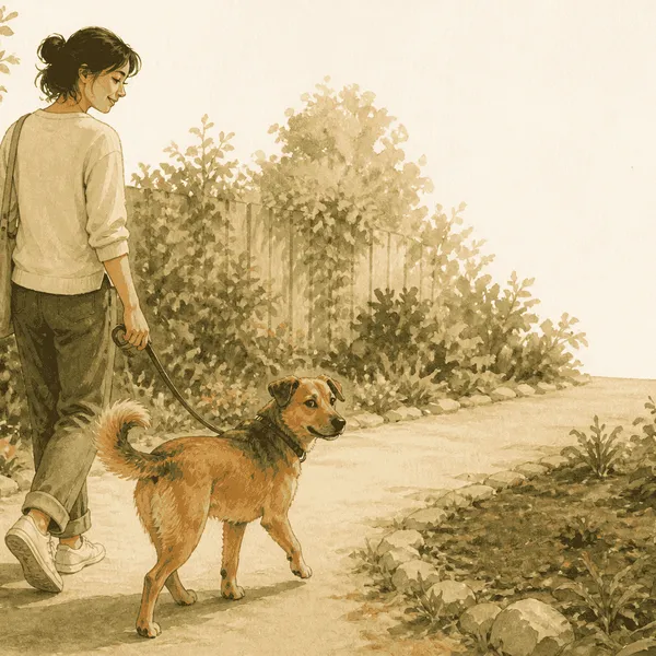 A caregiver calmly redirects a young brown dog from a patch of garden soil toward a clear path.