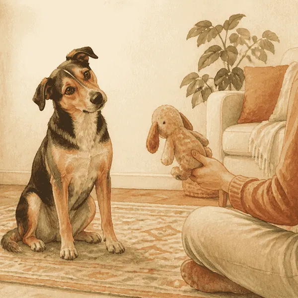 A mixed-breed dog tilts its head toward a familiar toy held by a seated caregiver in a quiet living room.