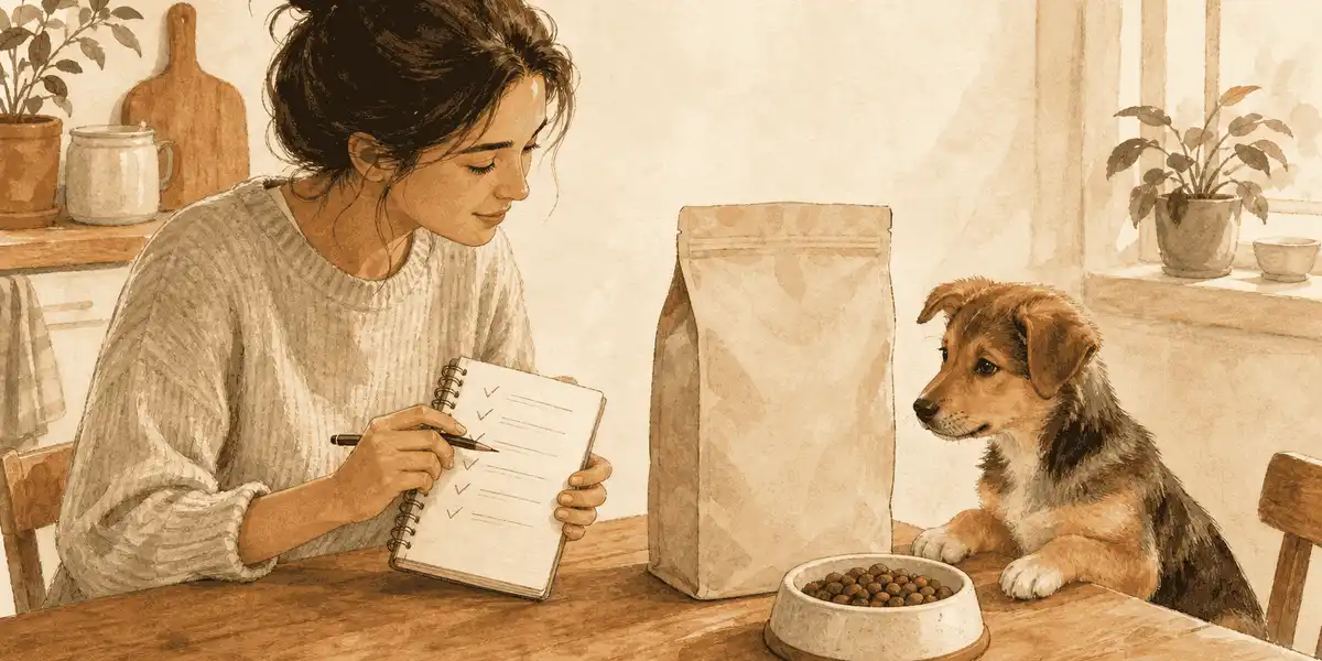 A caregiver compares an unbranded puppy-food label with growth and quality-control notes as a young dog watches beside a bowl.