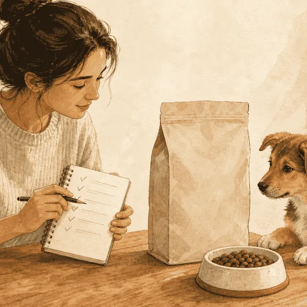 A caregiver compares an unbranded puppy-food label with growth and quality-control notes as a young dog watches beside a bowl.