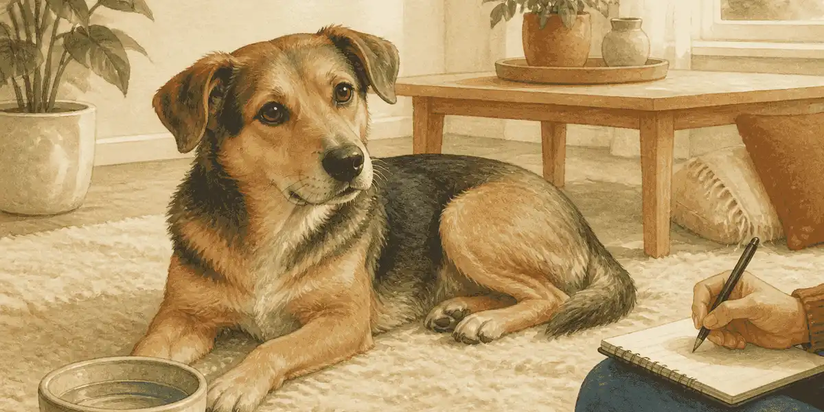 A calm mixed-breed dog rests on a cream rug while a caregiver records a simple health observation beside a water bowl.
