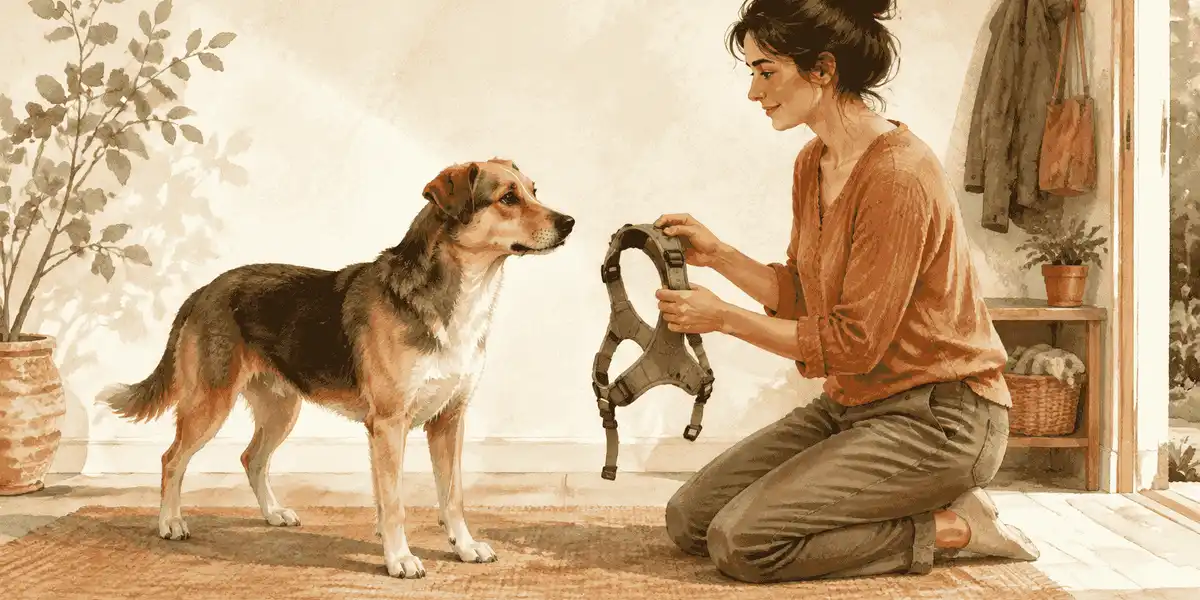 A calm mixed-breed dog stands beside a seated caregiver who holds an unbranded harness open in a warm entryway.