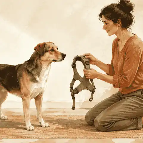 A calm mixed-breed dog stands beside a seated caregiver who holds an unbranded harness open in a warm entryway.